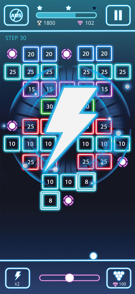 Bricks Breaker: Deluxe Crusher - Pantalla de juego de Bricks Breaker Deluxe Crusher que muestra ladrillos de neón brillantes y un gran potenciador de rayo