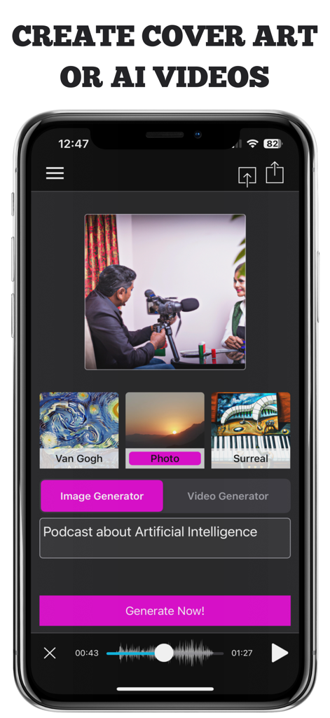 AI Music Video Generator MAIVE - MAIVE app interface showing the AI image generator screen with a podcast prompt and style selection options