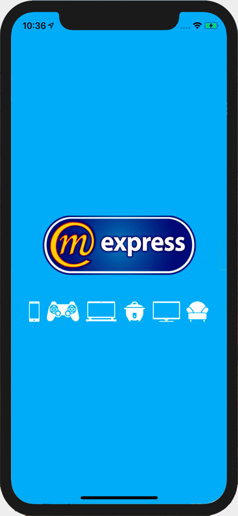 MExpress - MExpress app splash screen showing the company logo and icons for product categories like electronics and furniture on a blue background.