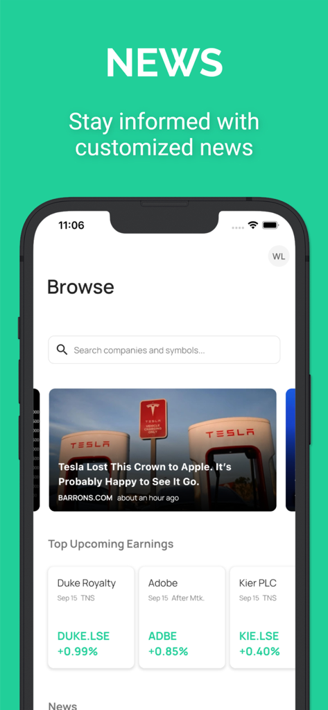 Stock Events app screen showing customized financial news and upcoming stock earnings.