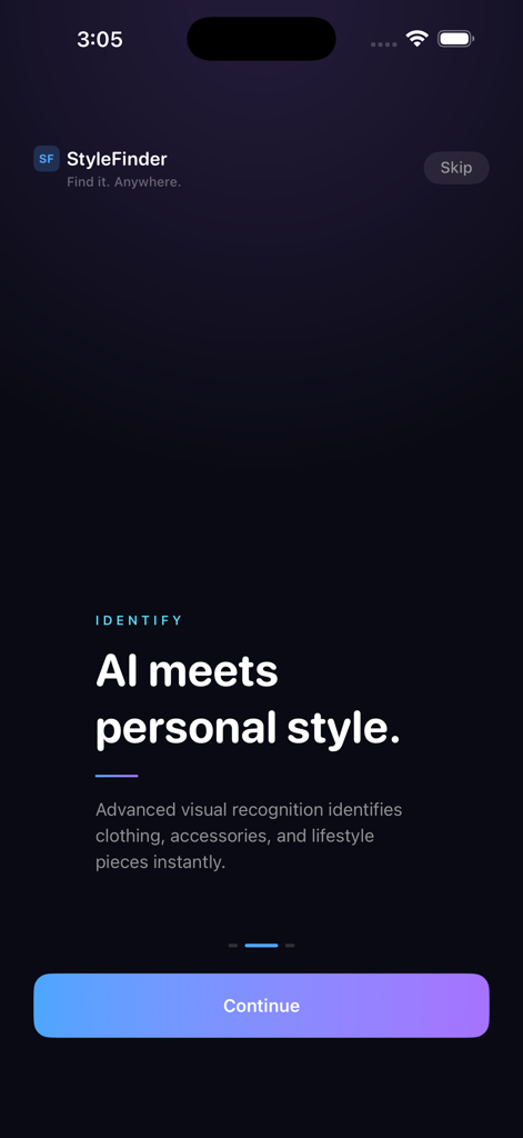 StyleFinder app onboarding screen featuring AI visual recognition for style