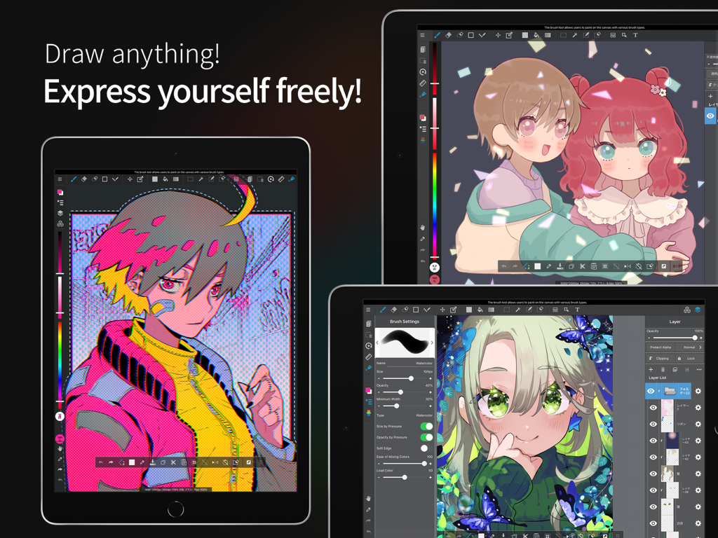 Benutzeroberfläche der MediBang Paint App auf iPads, die lebendige Anime- und Manga-Charakterillustrationen präsentiert