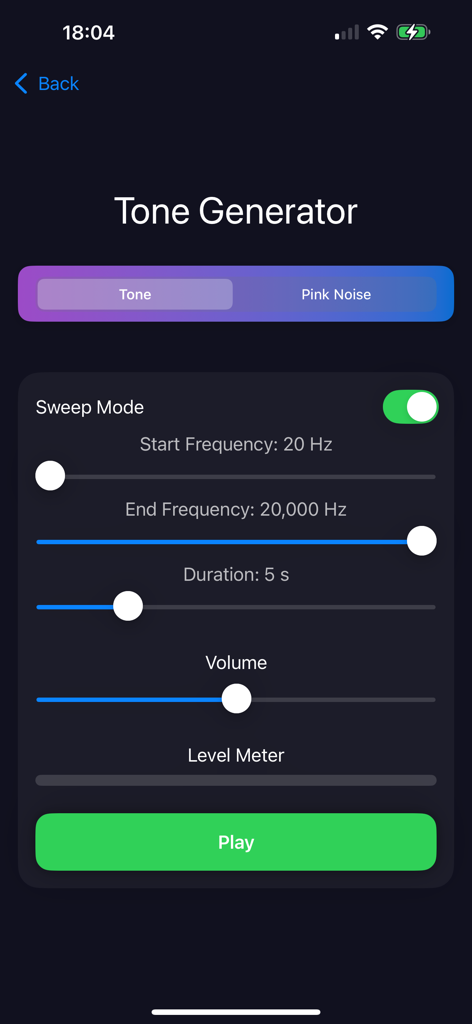 TECH ToolBox - Tone Generator interface in the TECH ToolBox app showing frequency sweep settings and volume controls
