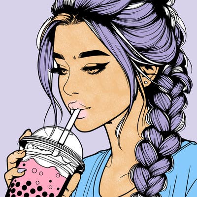 realistic girl drinking boba tea with braided hair