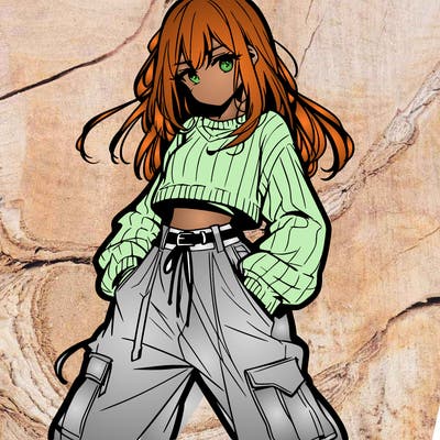 anime teen girl with baggy pants and crop top with sweater