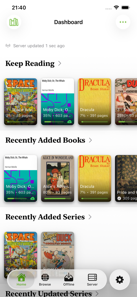 KMReader - Panel de control de KMReader mostrando las secciones Seguir leyendo y Libros añadidos recientemente con portadas de libros