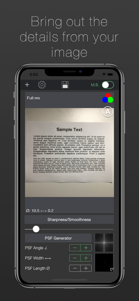 A smartphone showing the Image Deblur app interface with manual tools to sharpen a blurry document with sample text.