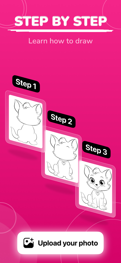 Step by step cat drawing tutorial showing three stages of the illustration process on a bright pink background