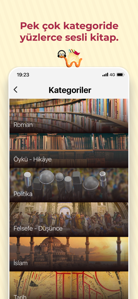 Kitapyurdu Sesli Kitap - Kitapyurdu Sesli Kitap mobile app interface showing Turkish audiobook categories including novels and philosophy.