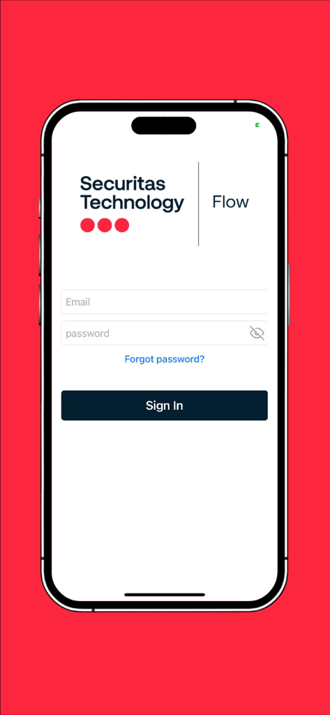 Login screen of the Securitas FLOW app featuring email and password input fields on a mobile device