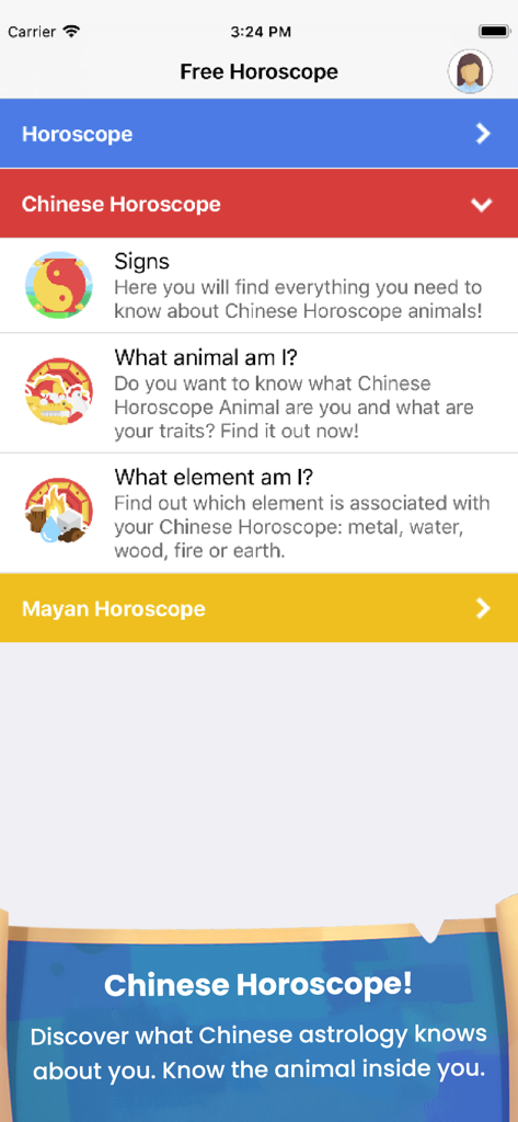 Daily Horoscope & Zodiac Signs - A screenshot of the Daily Horoscope and Zodiac Signs app showing the Chinese Horoscope menu with options for signs, animals, and elements.