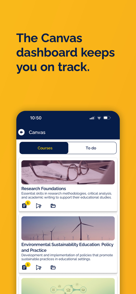 ARU-Mobil-App mit dem Canvas-Dashboard und Kursangeboten der Universität für Research Foundations und Environmental Sustainability