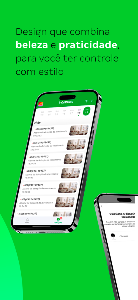 Intelbras Mibo app interface showing security camera movement alerts and device setup