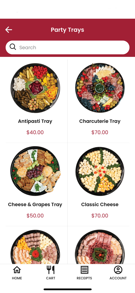Freson Bros. - A menu of party trays including antipasti and charcuterie on the Freson Bros mobile app.