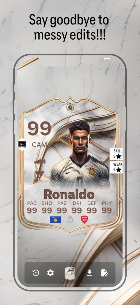 Design personalizzato di una carta giocatore di Ronaldo con valutazione 99 nell'app mobile Creatore di Carte FC 26