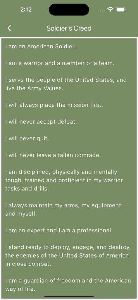 Army Leader Smart Cards - The US Army Soldier's Creed displayed on a mobile screen