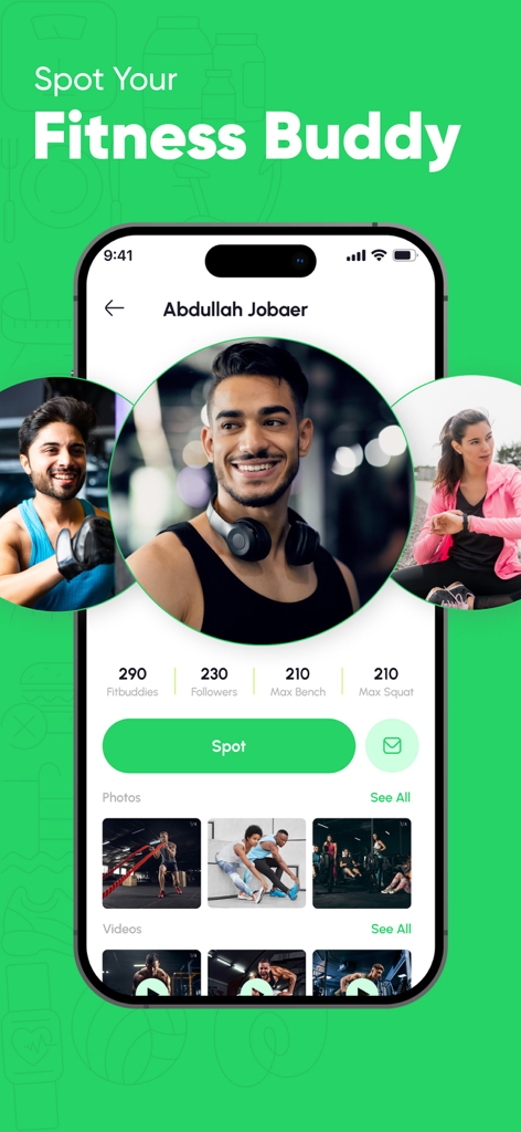 Fitsomnia: AI Fitness App - Fitsomnia App-Bildschirm mit einem Benutzerprofil mit Fitnessstatistiken und der Funktion Spot Your Fitness Buddy.