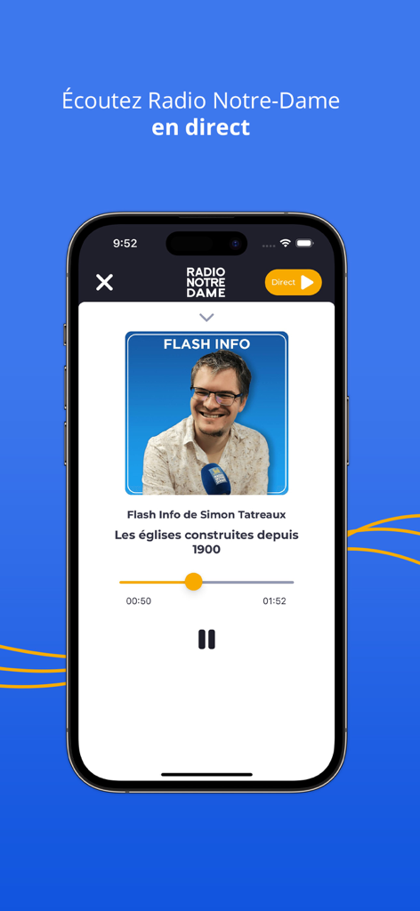 Reprodutor de áudio ao vivo no aplicativo Radio Notre Dame mostrando um flash de notícias sobre igrejas.