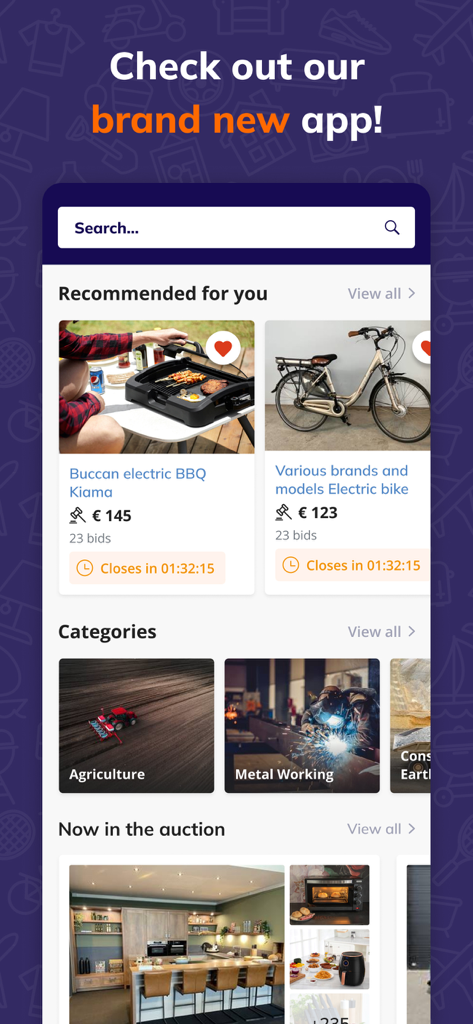 Mobile app screen for Troostwijk Auctions showing electric bikes, BBQ grills, and industrial categories like agriculture.