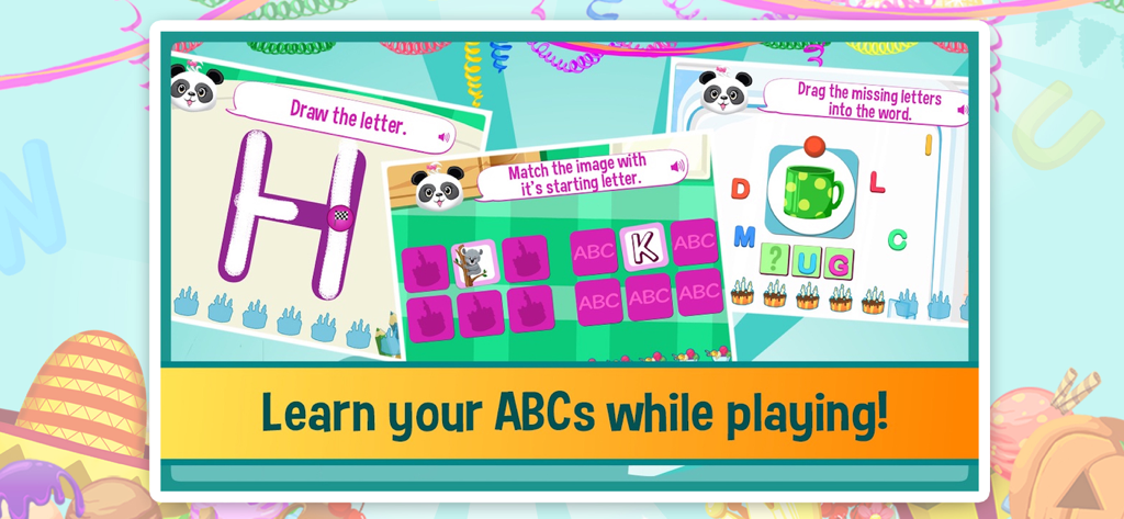Lola's ABC Party - Reading fun - A promotional banner showing three different phonics mini-games for kids to learn their ABCs with Lola Panda.