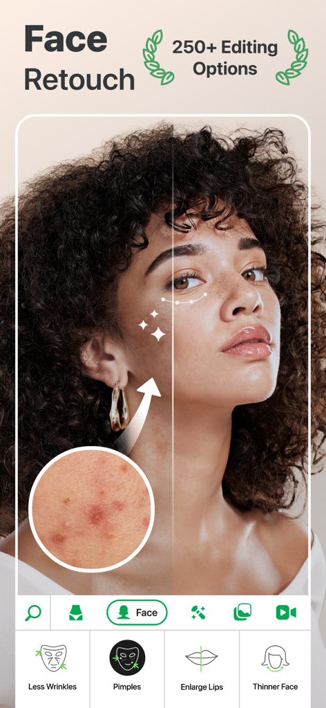 Demonstração de retoque facial antes e depois mostrando remoção de espinhas e suavização da pele na interface do aplicativo Retouch Me