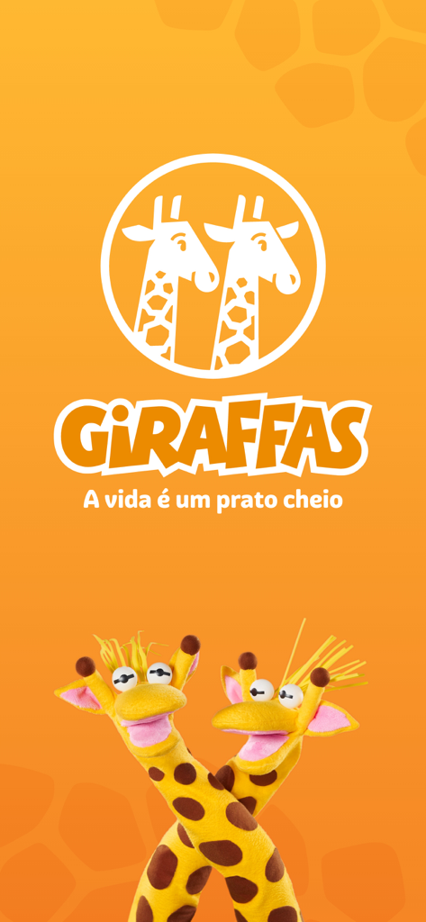 Giraffas mobile app splash screen featuring the brand logo and giraffe puppets on an orange background