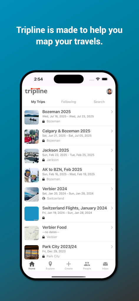 Interfaz de la aplicación Tripline que muestra una lista de itinerarios de viaje mapeados y fechas de viaje