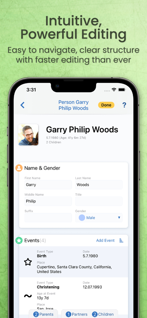 App MobileFamilyTree 10 che mostra l'interfaccia di editing intuitiva e potente per il profilo di una persona su un iPhone