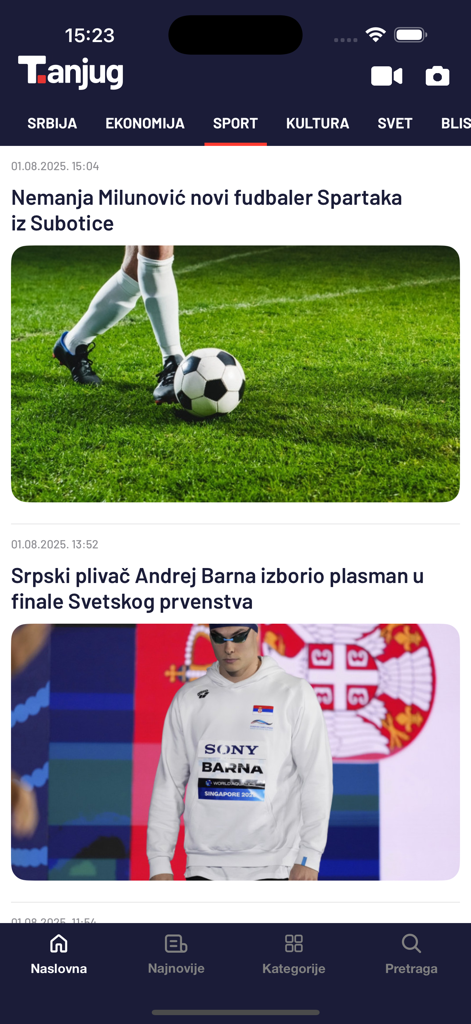 Tanjug - brze i pouzdane vesti - Aplicación móvil de noticias de Tanjug que muestra artículos deportivos en serbio