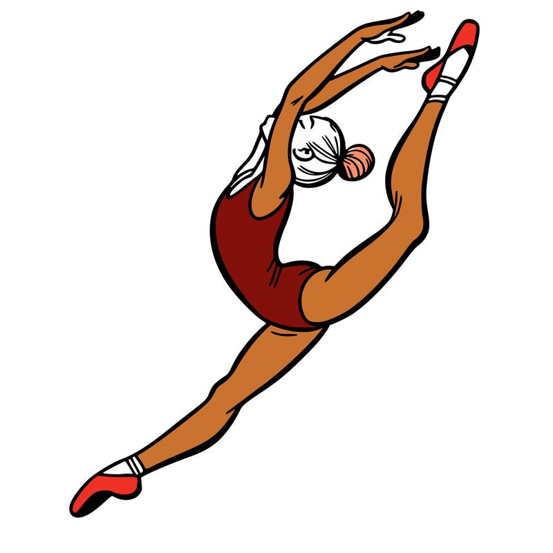 gymnast doing a leap in a leotard with a bent back leg