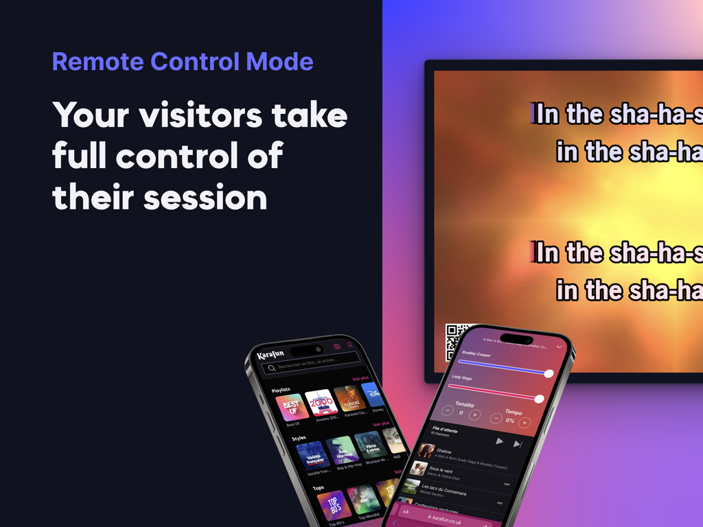 KaraFun Business - Clientes usando sus smartphones para controlar de forma remota la selección de canciones de karaoke y la configuración de reproducción en un local.