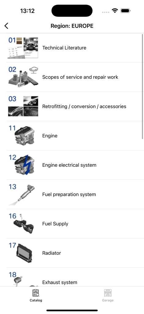 Écran du catalogue de pièces automobiles BMW montrant diverses catégories comme le moteur et le système de carburant.