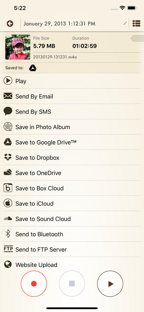 Voice Record Pro 7 - Interface of Voice Record Pro 7 showing various export options like Google Drive, Dropbox, and SoundCloud for an audio recording.