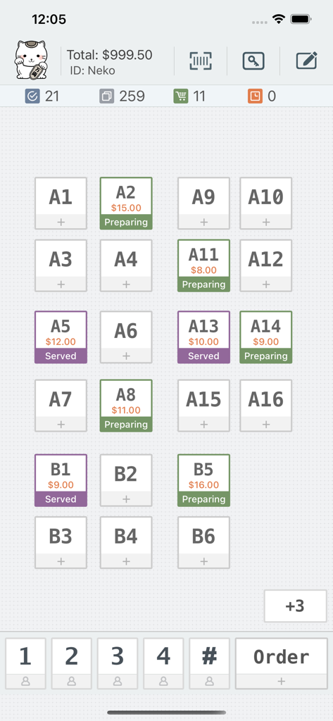 Interface de l'application mobile PosKing affichant le statut des tables du restaurant avec des étiquettes codées par couleur pour les commandes en cours de préparation et servies