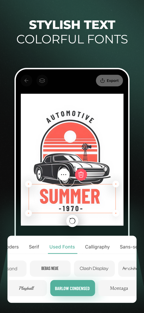LookA AI: AI Logo Generator - LookA AI app interface showing stylish text and colorful font options for a vintage automotive logo design