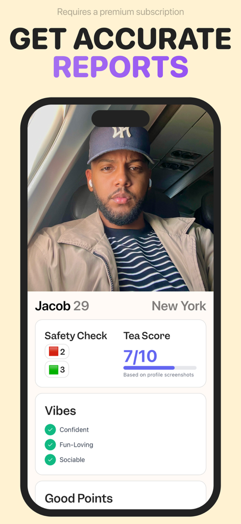 Tea App for Women: TeaOnHim - Interfaccia dell'app TeaOnHim che mostra un rapporto di sicurezza del profilo di appuntamenti con un Punteggio Tè e vibrazioni di personalità per un utente di nome Jacob