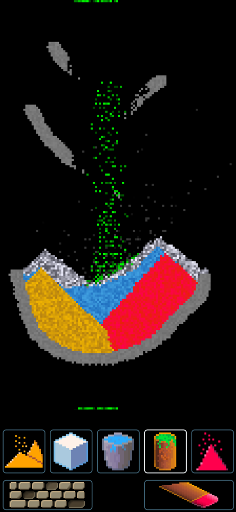 Pixel Sand - digital sandbox - Gameplay of Pixel Sand showing green acid falling into a bowl of colorful pixels