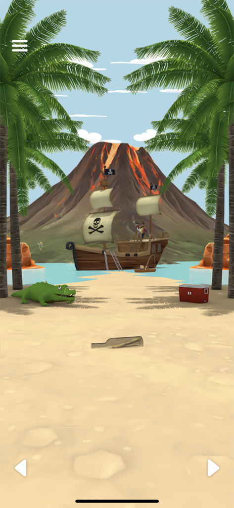 Una caprichosa escena de playa en Nunca Jamás con un barco pirata, un volcán y un cocodrilo del juego de escape de Peter Pan.