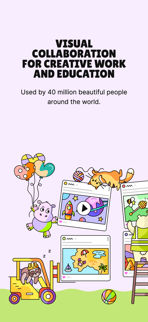 Pantalla de la aplicación Padlet promocionando la colaboración visual para trabajos creativos y educativos con ilustraciones coloridas