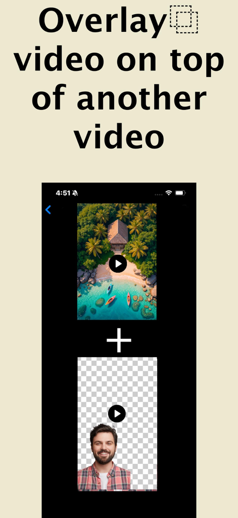 Interface showing how to overlay a reaction video on top of another video in the Reaction Video Maker app.