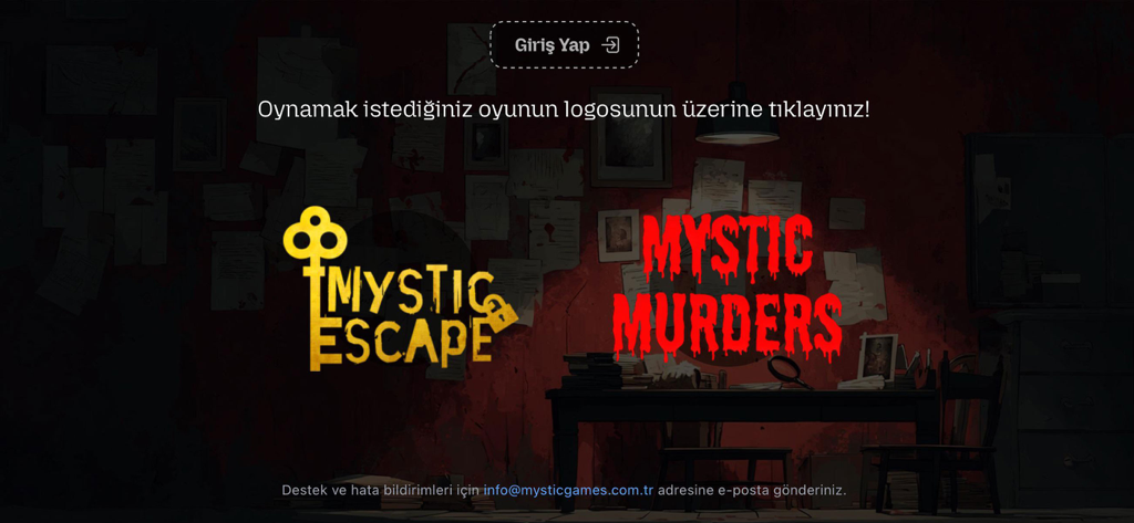 Mystic Games - Mystic Games main menu showing options for Mystic Escape and Mystic Murders against a dark detective themed background