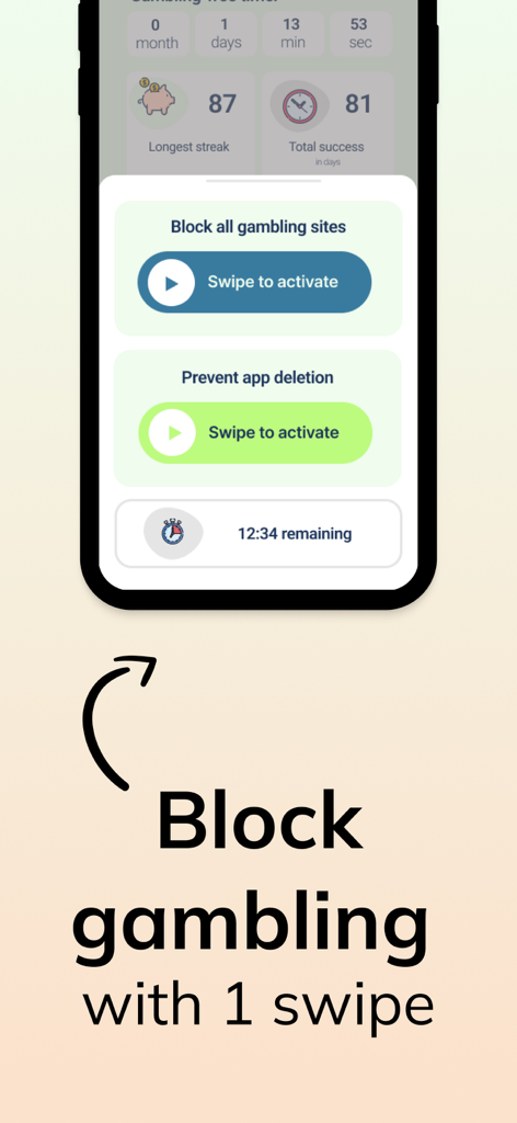 Schermata dell'app mobile che mostra un pulsante di scorrimento per attivare il blocco dei siti di gioco d'azzardo