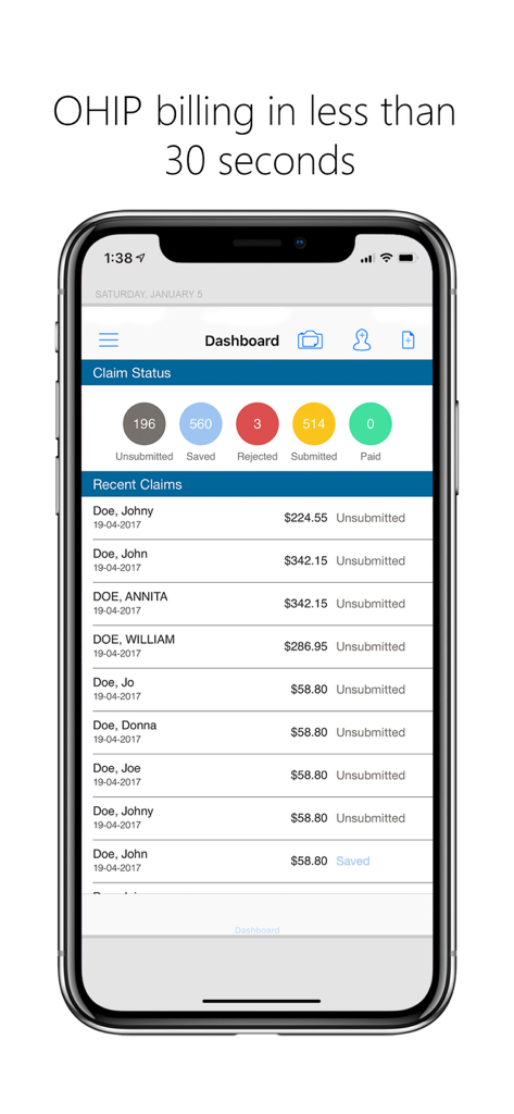 Dashboard dell'app MDBilling.ca che mostra gli stati delle richieste OHIP e un elenco di richieste mediche recenti su un iPhone.