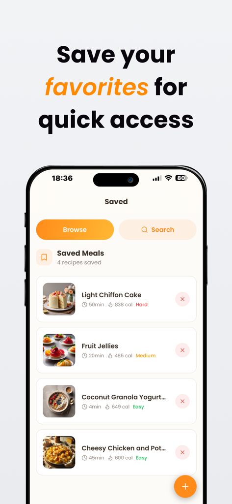 Compy: Smart Kitchen Companion - Uno smartphone che visualizza la schermata dei pasti salvati nell'app Compy con un elenco di ricette preferite.