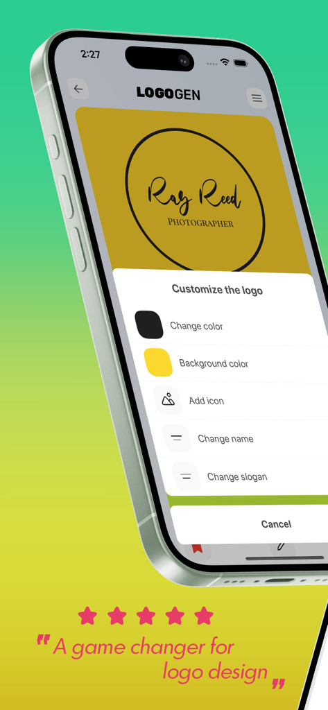 Logo Maker & Design Creator ‣ - iPhone screen showing a logo customization menu for a photography business