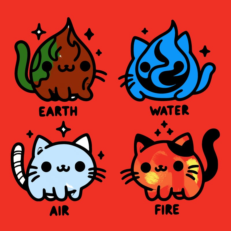 4 cats that represent the different elements, earth, water, air, and fire