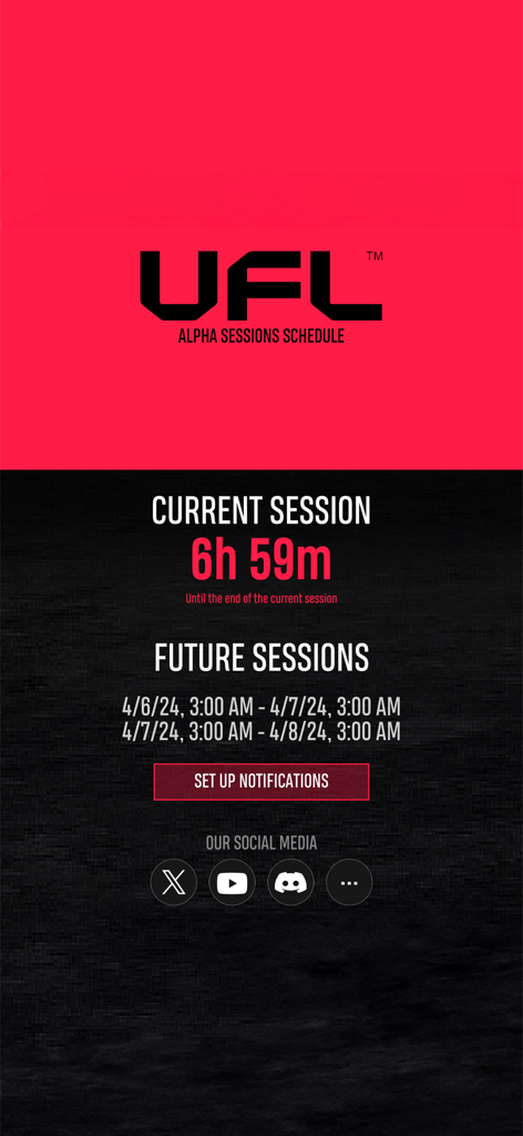 Pantalla de la aplicación UFL que muestra el calendario de sesiones de prueba alfa con un temporizador de cuenta regresiva y fechas próximas