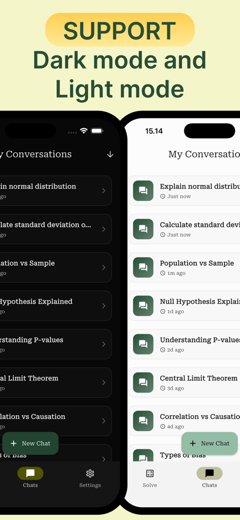 Stats AI: Statistics Solver - Vergleich der Oberfläche der Stats AI-App im Dark-Mode und Light-Mode im Side-by-Side-Vergleich