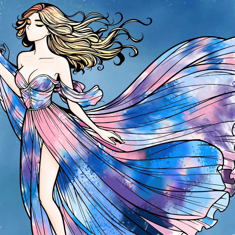 realistic woman in dress flowing the the wind