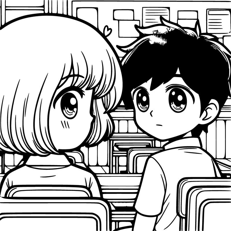a short haired boy staring at a girl from the other side of the classroom